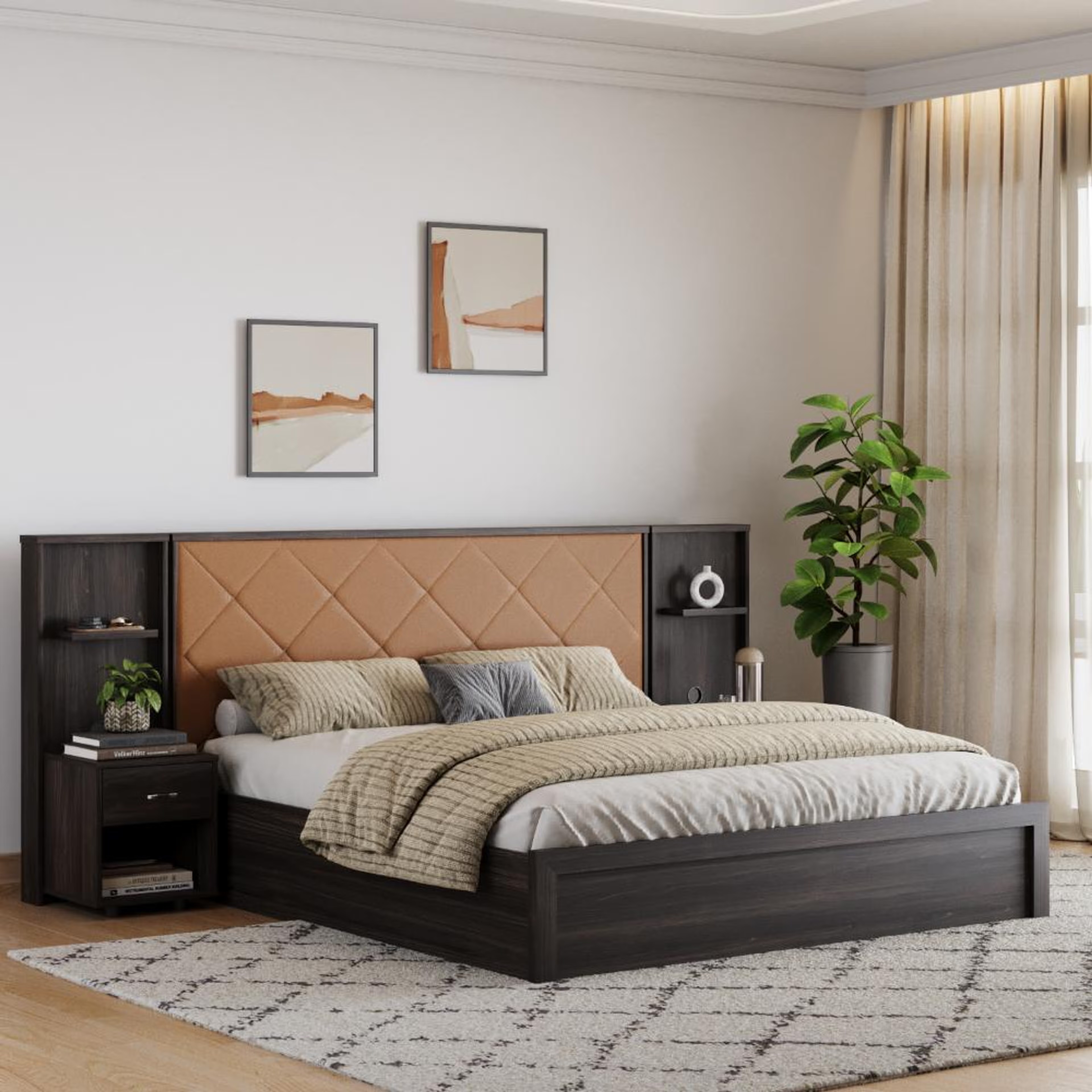 Wakefit Noctis King Storage Engineered Wood Bed With Camel Fabric Upholstered Headboard King - 78" x 72\