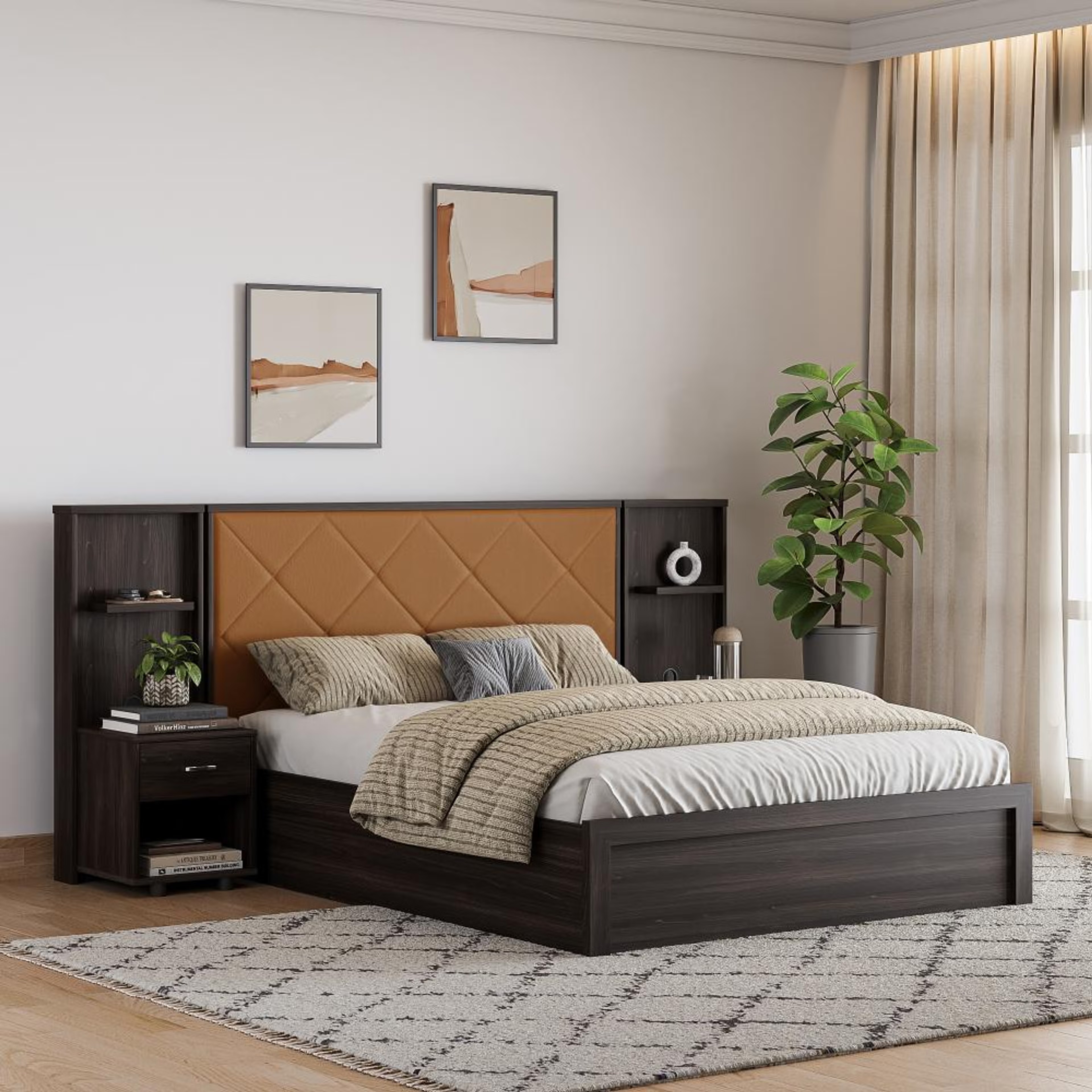Home 31 Wakefit Noctis Queen Storage Engineered Wood Bed With Camel Fabric Upholstered Headboard Queen - 78" x 60\