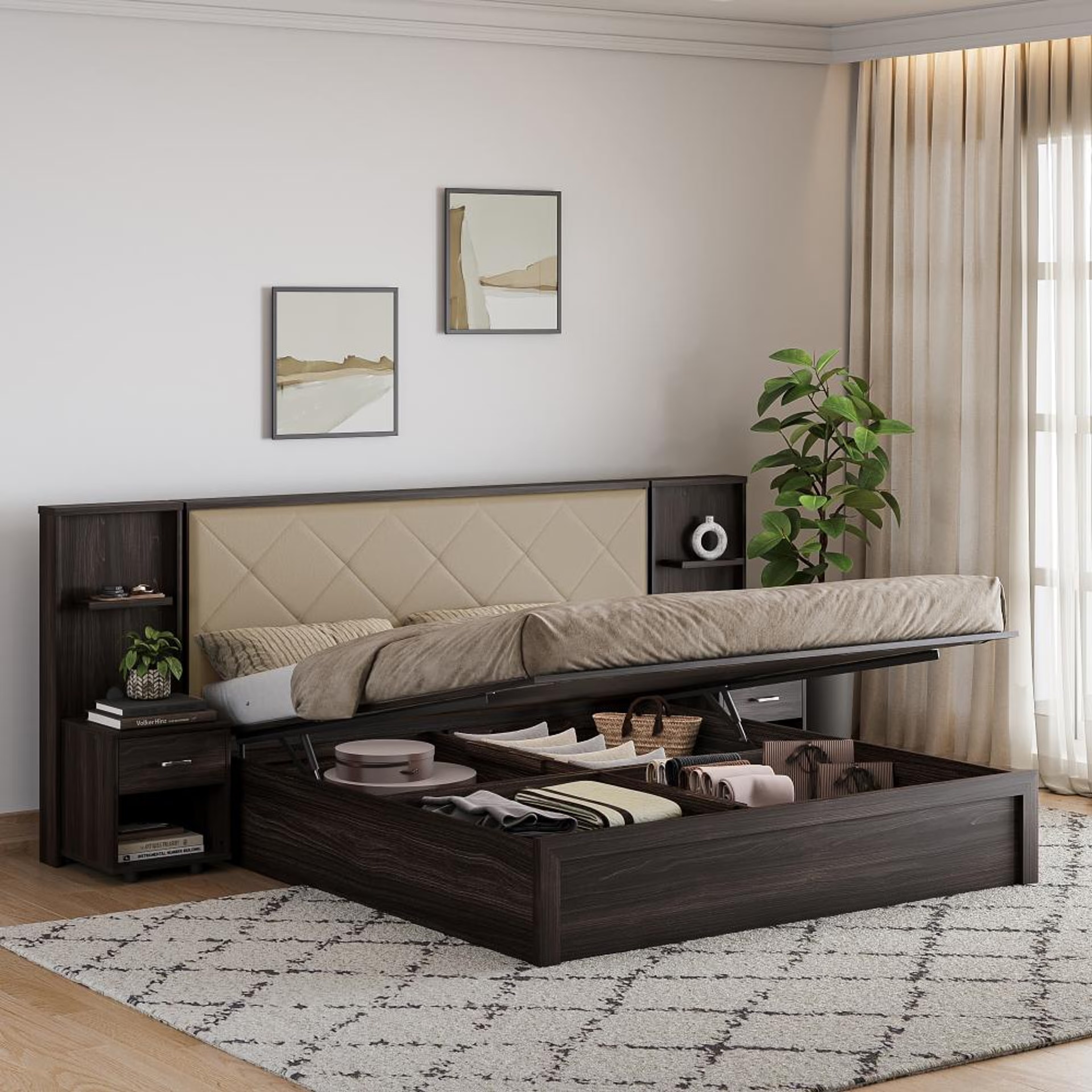 Wakefit Noctis King Storage Engineered Wood Bed With Beige Fabric Upholstered Headboard-with Hydraulic mechanism King - 78" x 72\