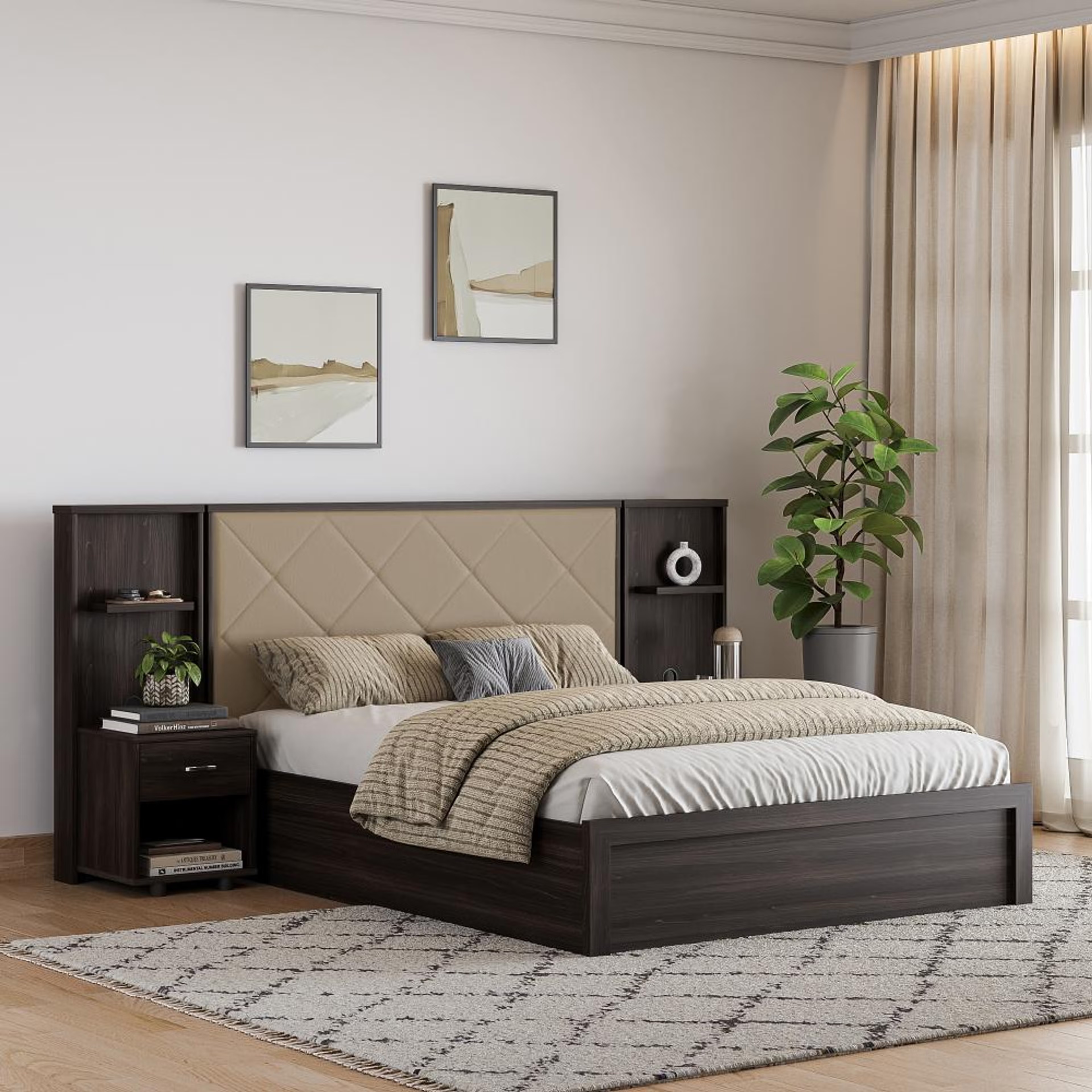 Home 38 Wakefit Noctis Queen Storage Engineered Wood Bed With Beige Fabric Upholstered Headboard Queen - 78" x 60\