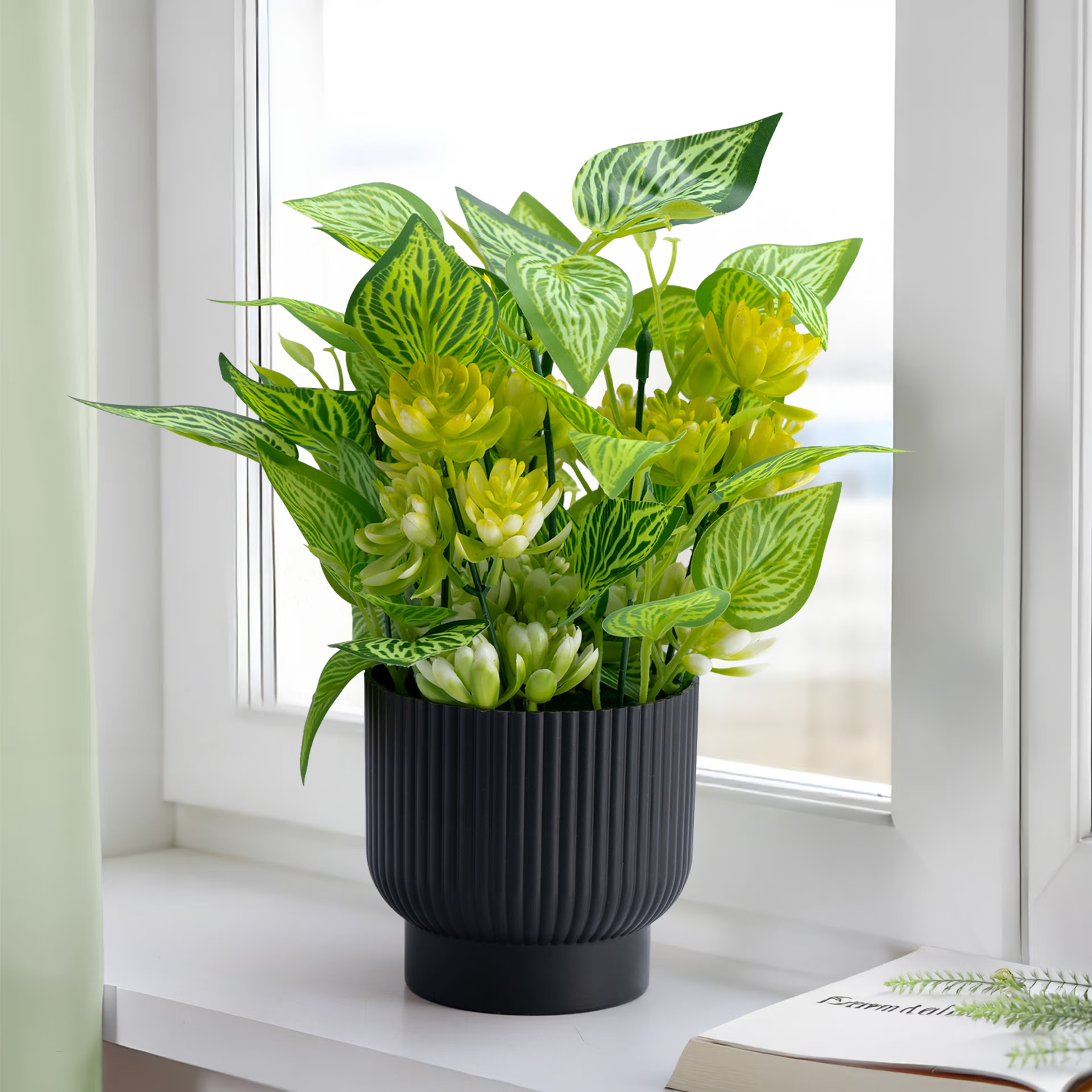 Table Top Artificial Plant with Plastic Pot | Indoor & Outdoor Decor Item | Ideal for Coffee Tables, Office Desks, Shelves & Patio | 9 Inch Plant | Thryvana Artificial Plant Plastic, Set of 1, Green