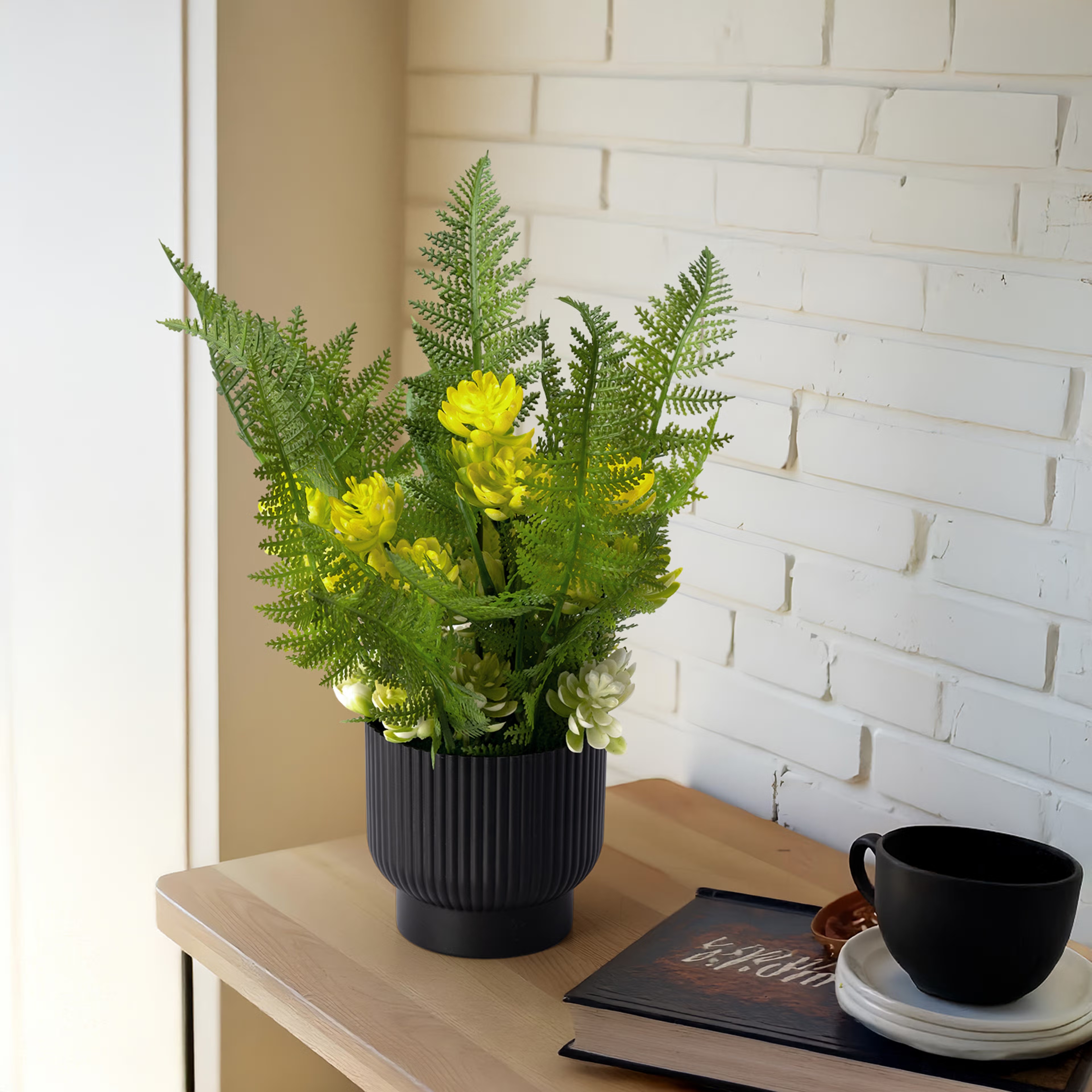 Table Top Artificial Plant with Plastic Pot | Indoor & Outdoor Decor Item | Ideal for Coffee Tables, Office Desks, Shelves & Patio | 9 Inch Plant | Brellium Artificial Plant Plastic, Set of 1, Green