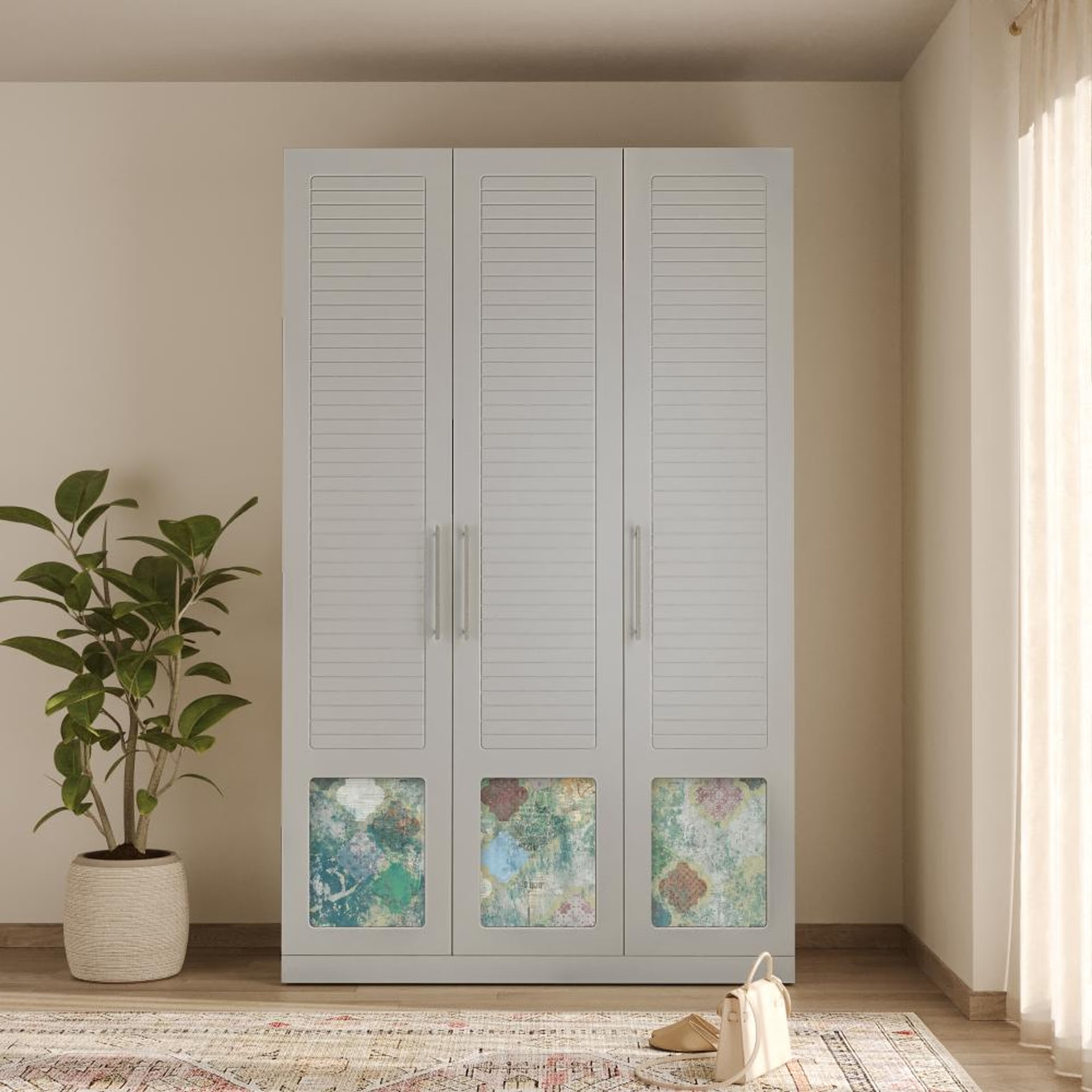 Wakefit Martin 3 Door with 6 Shelves 1 Drawers 3 Laminate - Carcass: Wood grain Caramel walnut, Shutter: Light grey (Foil) and Green veil 3 Door, 6 Shelves, 1 Drawers, 3 Laminate, Earthy Traditional, Grey, Plywood