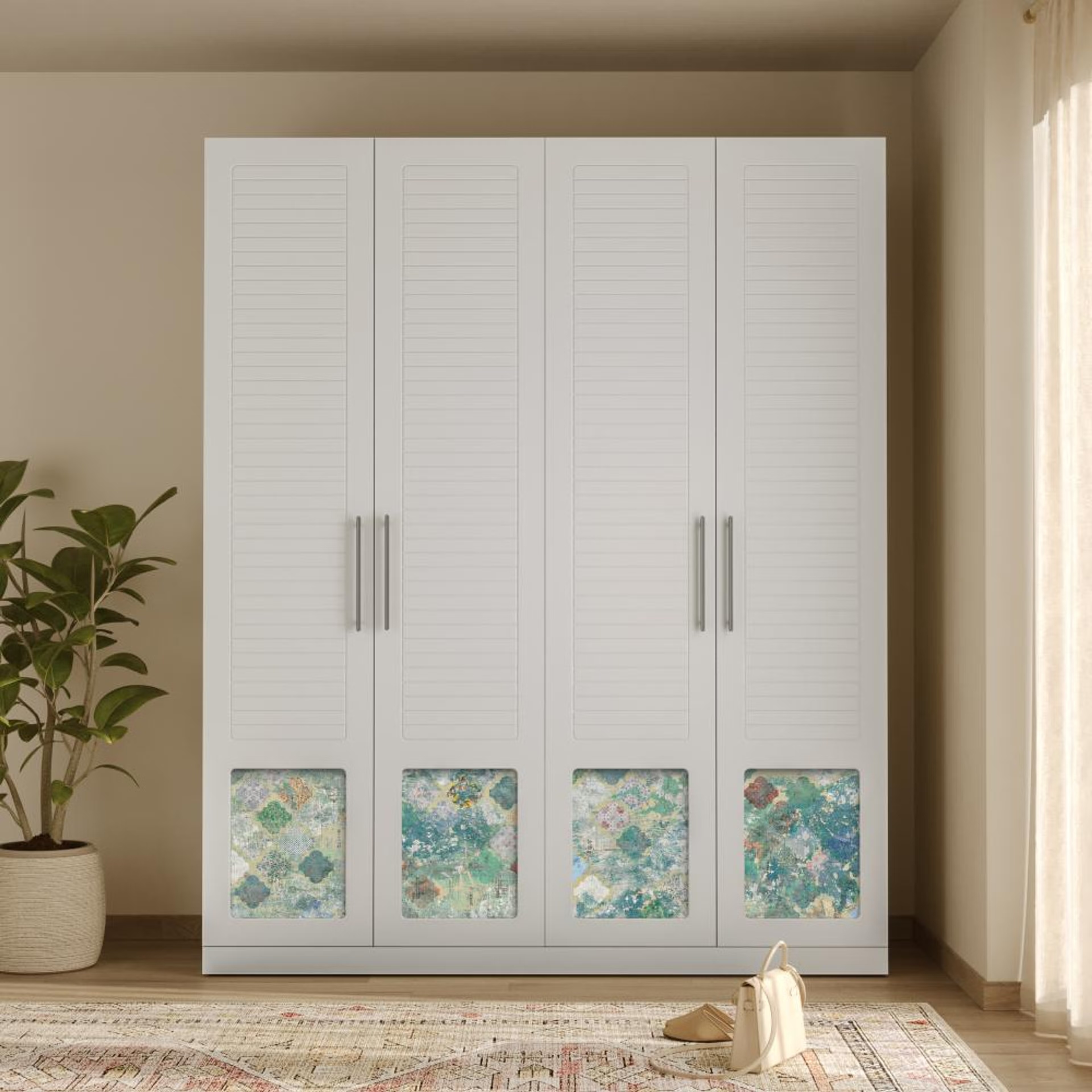 Wakefit Martin 4 Door with 6 Shelves 2 Drawers 4 Laminate - Carcass: Wood grain Caramel walnut, Shutter: Light grey (Foil) and Green veil Laminate 4 Door, 6 Shelves, 2 Drawers, 4 Laminate, Earthy Traditional, Grey, Plywood