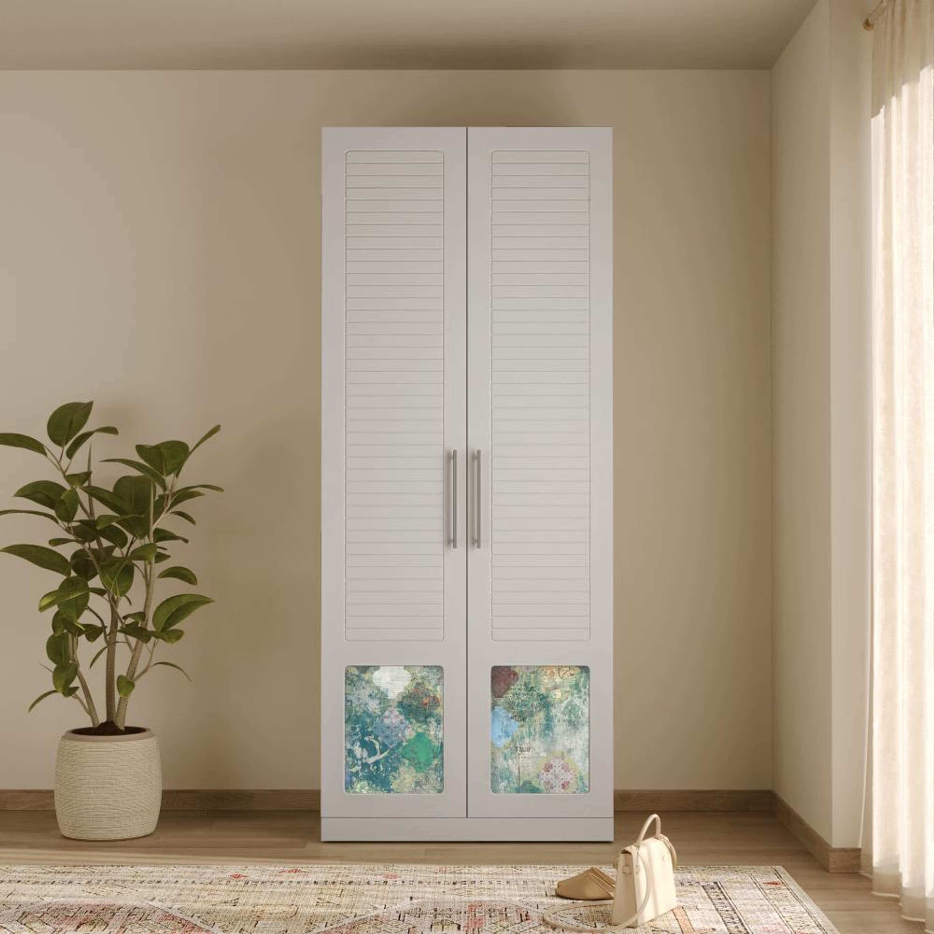 Home 46 Wakefit Martin 2 Door with 2 Shelves 1 Drawers 2 Laminate - Carcass: Wood grain Caramel walnut, Shutter: Light grey (Foil) and Green veil Laminate 2 Door, 2 Shelves, 1 Drawers, 2 Laminate, Earthy Traditional, Grey, Plywood