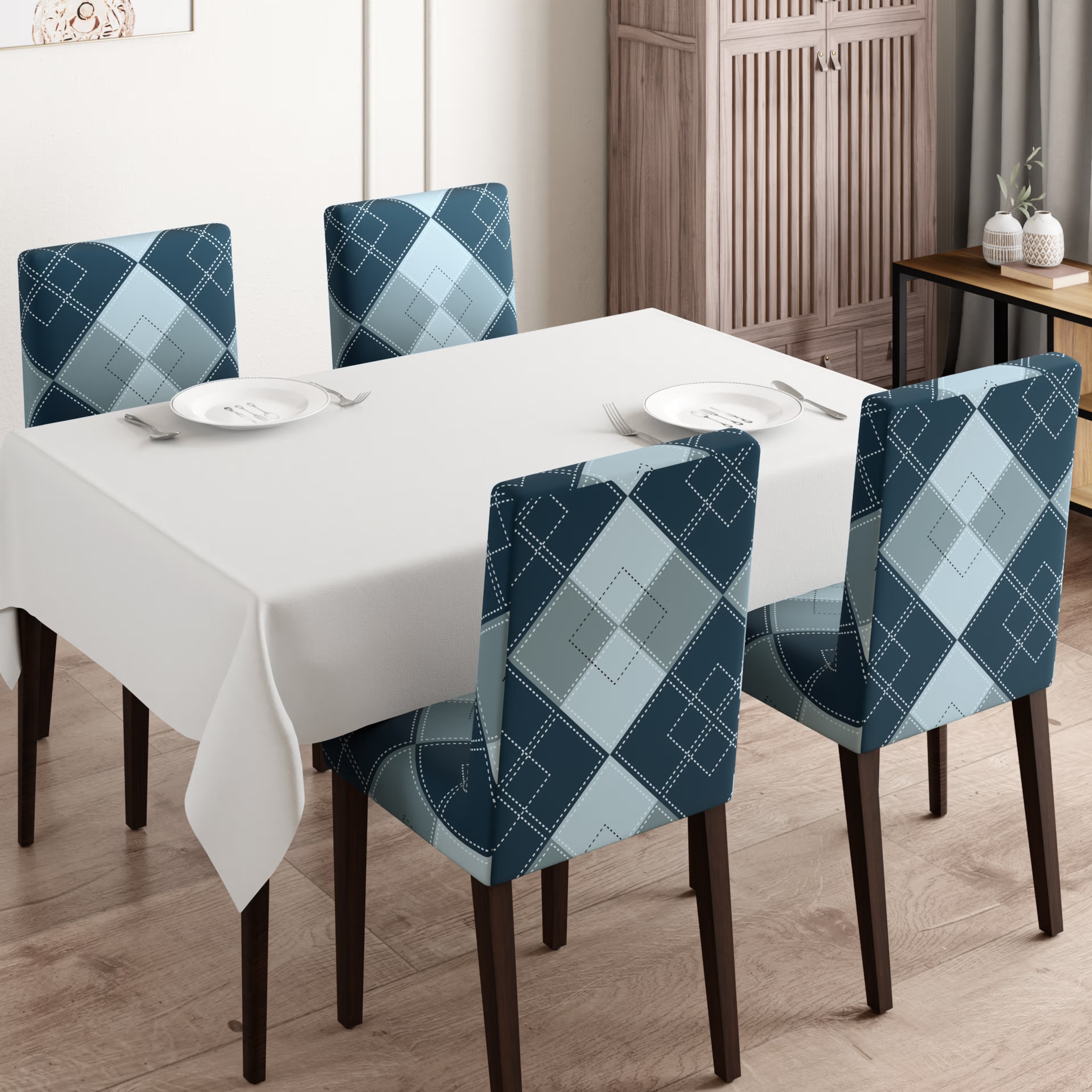 Printed Chair Cover | Elastic Stretchable Dining table Chair Cover 4 seater | Removable & Washable Slip Cover | Chair Seat Protector&nbsp;|&nbsp;Checko | Set of 4 Set Of 4, Checko