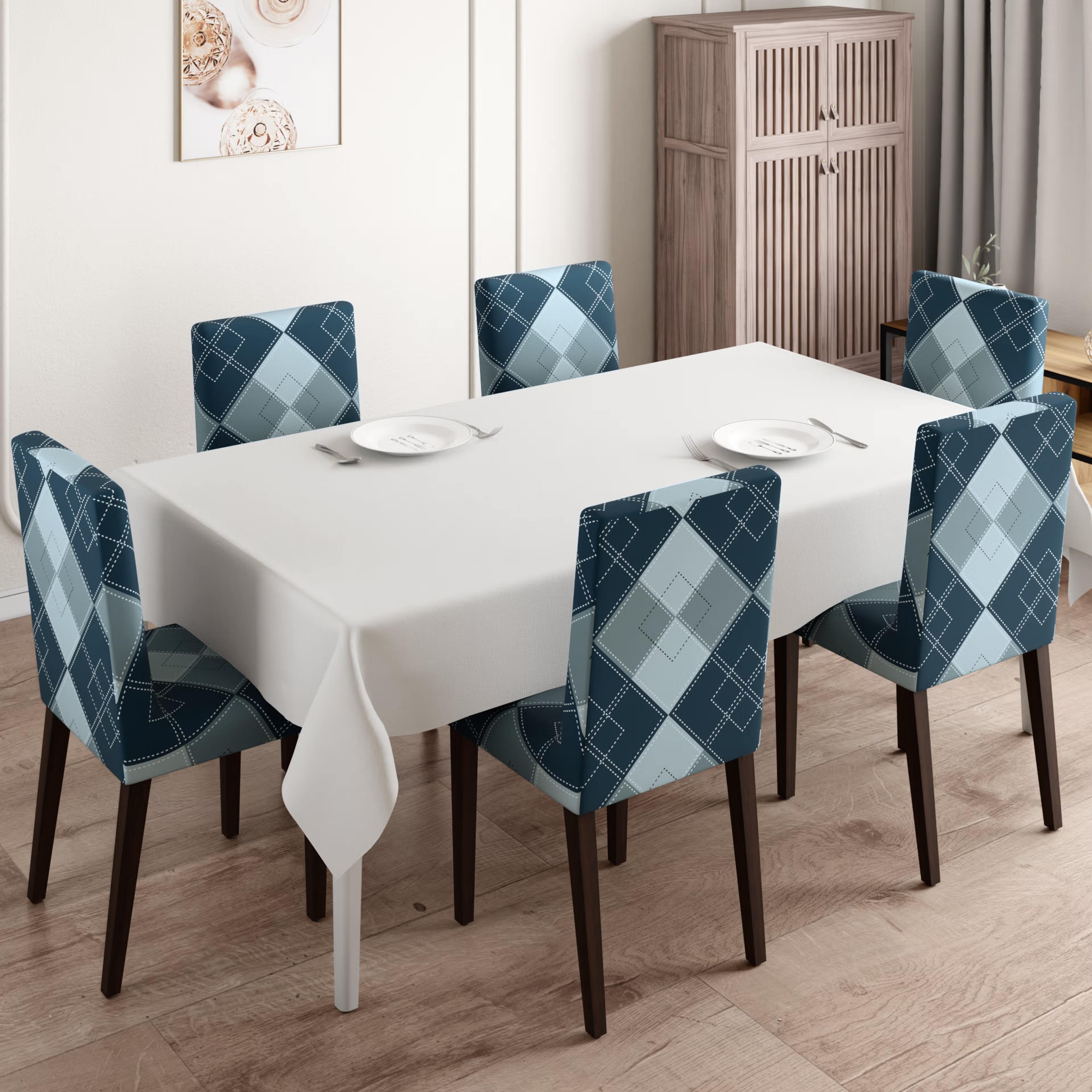Home 31 Printed Chair Cover | Elastic Stretchable Dining table Chair Cover 6 seater | Removable & Washable Slip Cover | Chair Seat Protector | Checko | Set of 6 Set Of 6, Checko