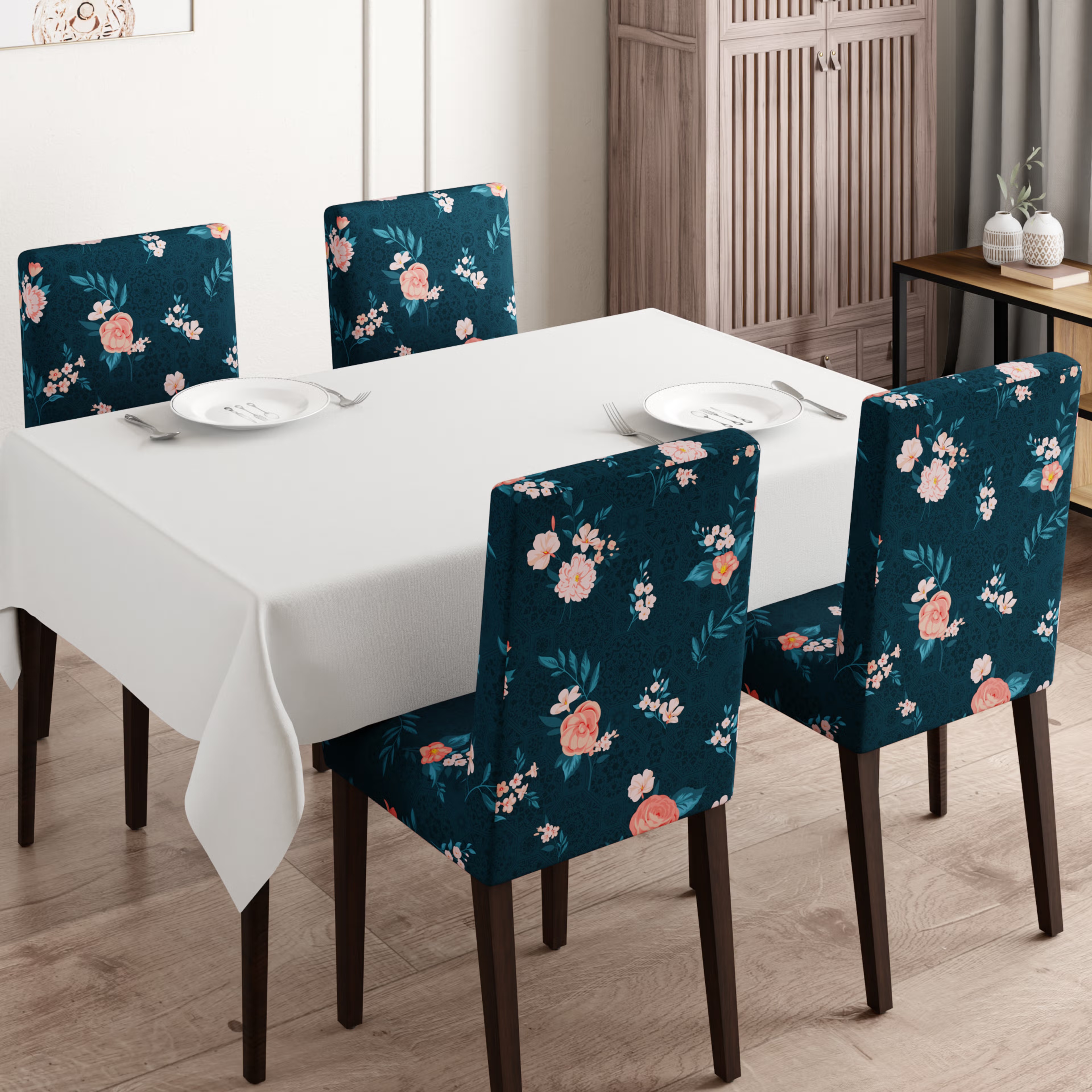 Printed Chair Cover | Elastic Stretchable Dining table Chair Cover 4 seater | Removable & Washable Slip Cover | Chair Seat Protector&nbsp;|&nbsp;Alana | Set of 4 Set Of 4, Alana