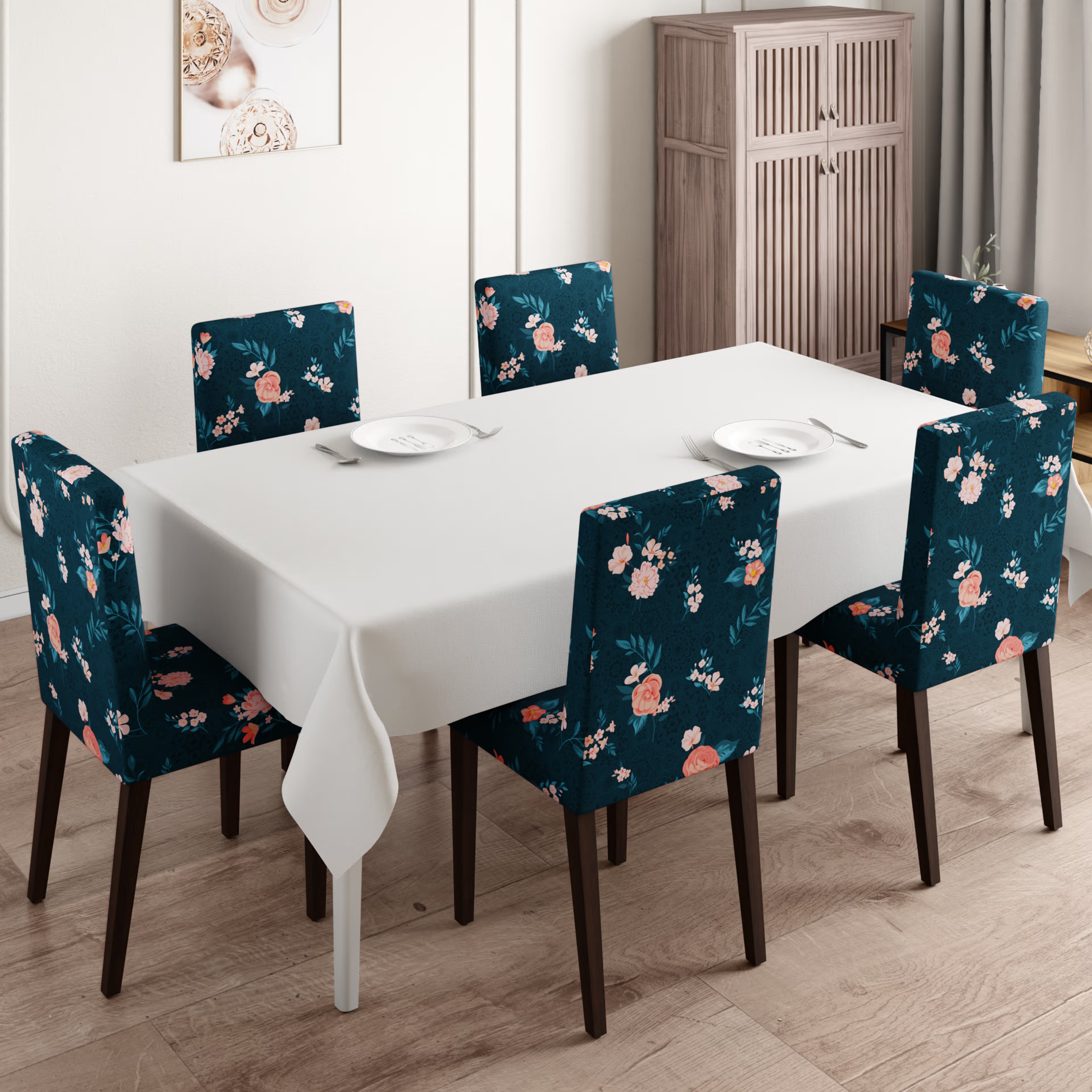 Printed Chair Cover | Elastic Stretchable Dining table Chair Cover 6 seater | Removable & Washable Slip Cover | Chair Seat Protector&nbsp;|&nbsp;Alana | Set of 6 Set Of 6, Alana