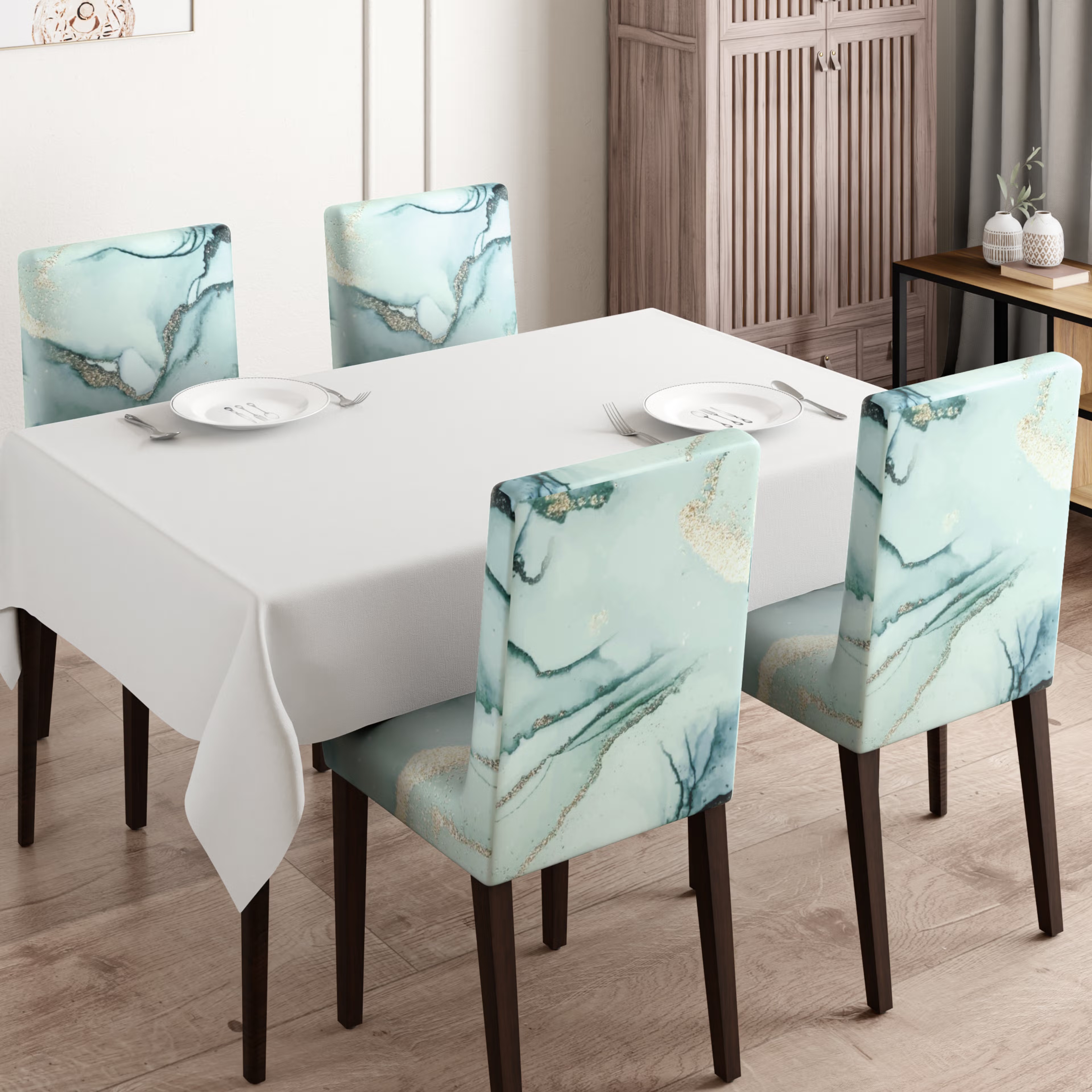 Printed Chair Cover | Elastic Stretchable Dining table Chair Cover 4 seater | Removable & Washable Slip Cover | Chair Seat Protector&nbsp;|&nbsp;Marbelo | Set of 4 Set Of 4, Marbelo