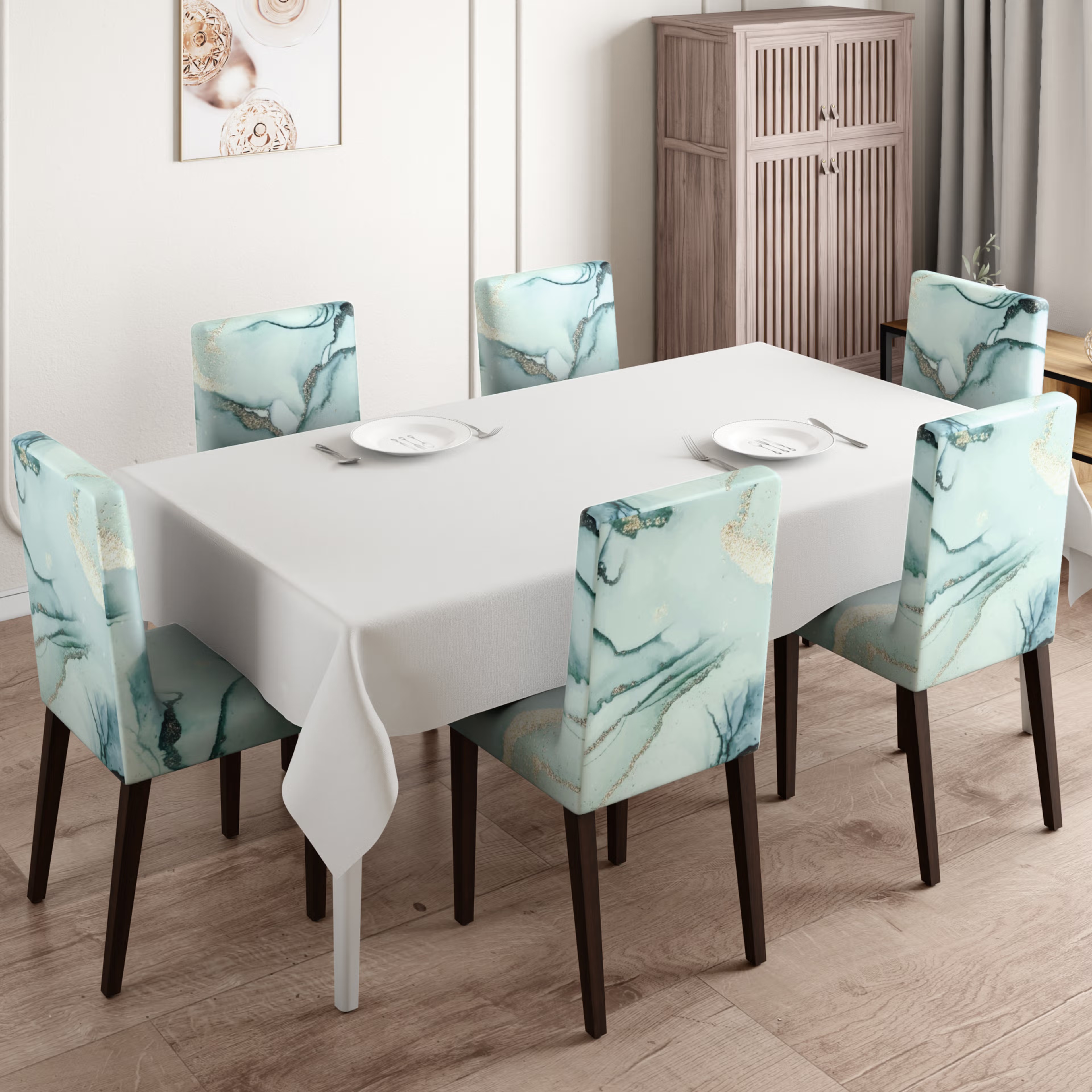 Printed Chair Cover | Elastic Stretchable Dining table Chair Cover 6 seater | Removable & Washable Slip Cover | Chair Seat Protector&nbsp;|&nbsp;Marbelo | Set of 6 Set Of 6, Marbelo