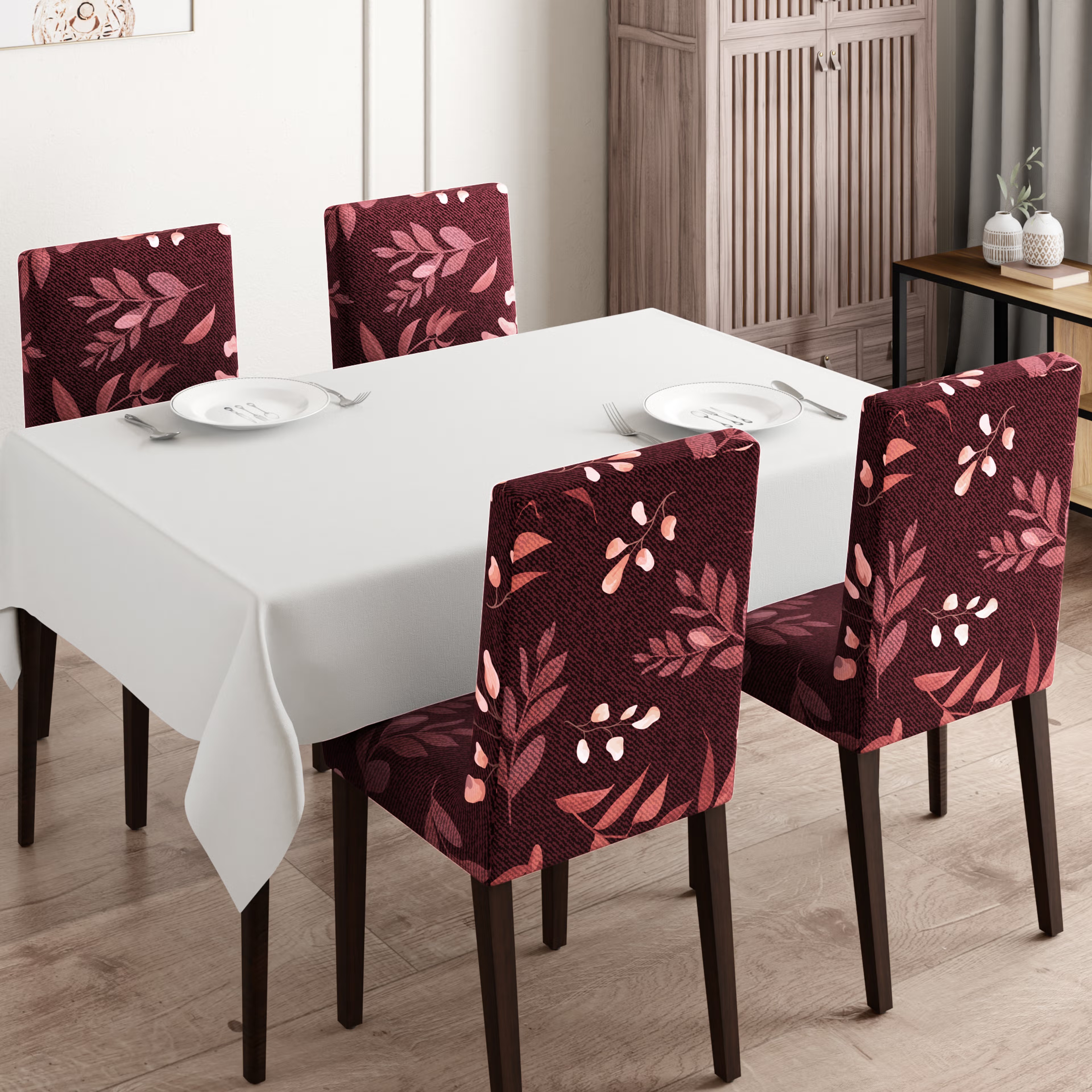 Printed Chair Cover | Elastic Stretchable Dining table Chair Cover 4 seater | Removable & Washable Slip Cover | Chair Seat Protector&nbsp;|&nbsp;Denim Flora | Set of 4 Set Of 4, Denim Flora