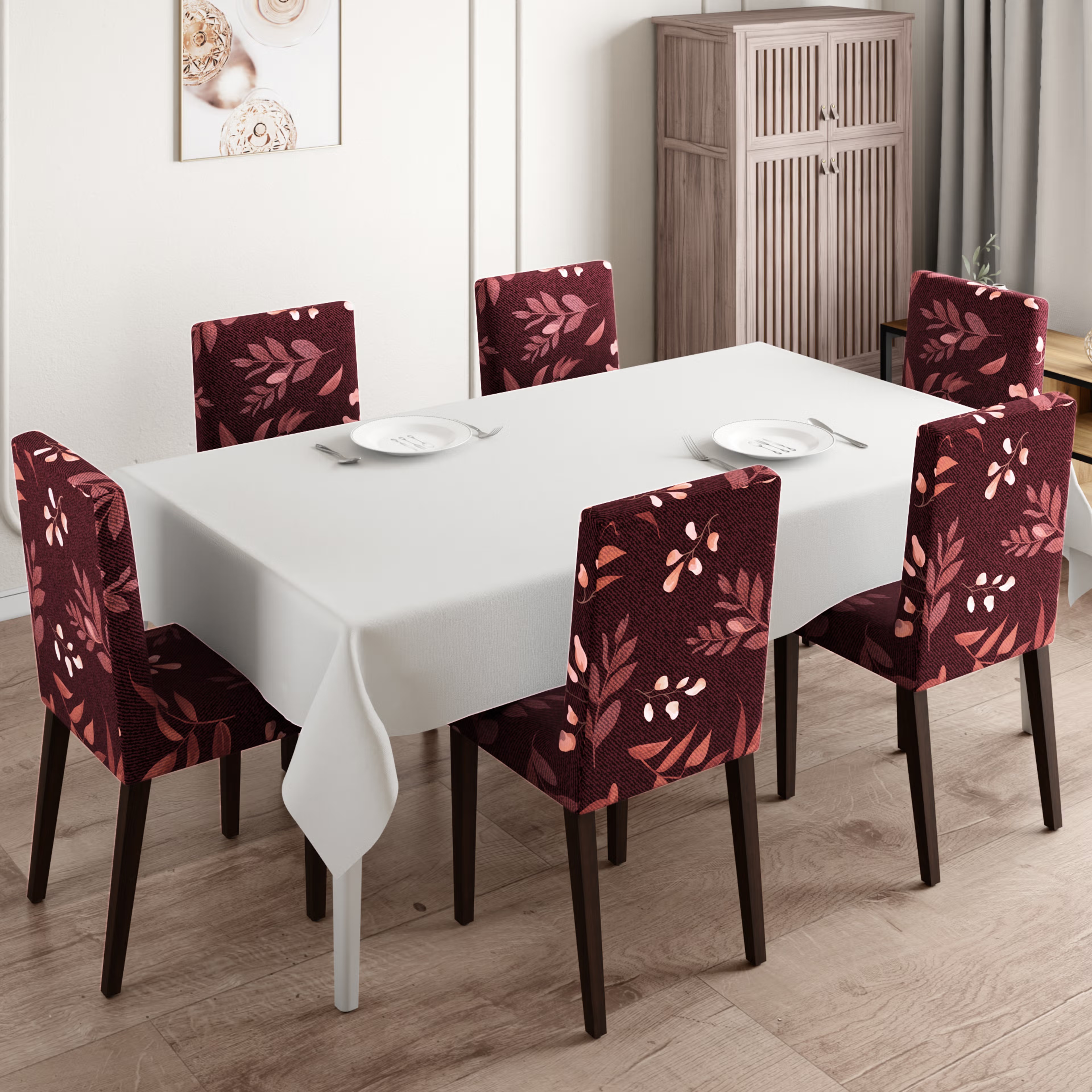Printed Chair Cover | Elastic Stretchable Dining table Chair Cover 6 seater | Removable & Washable Slip Cover | Chair Seat Protector&nbsp;|&nbsp;Denim Flora | Set of 6 Set Of 6, Denim Flora