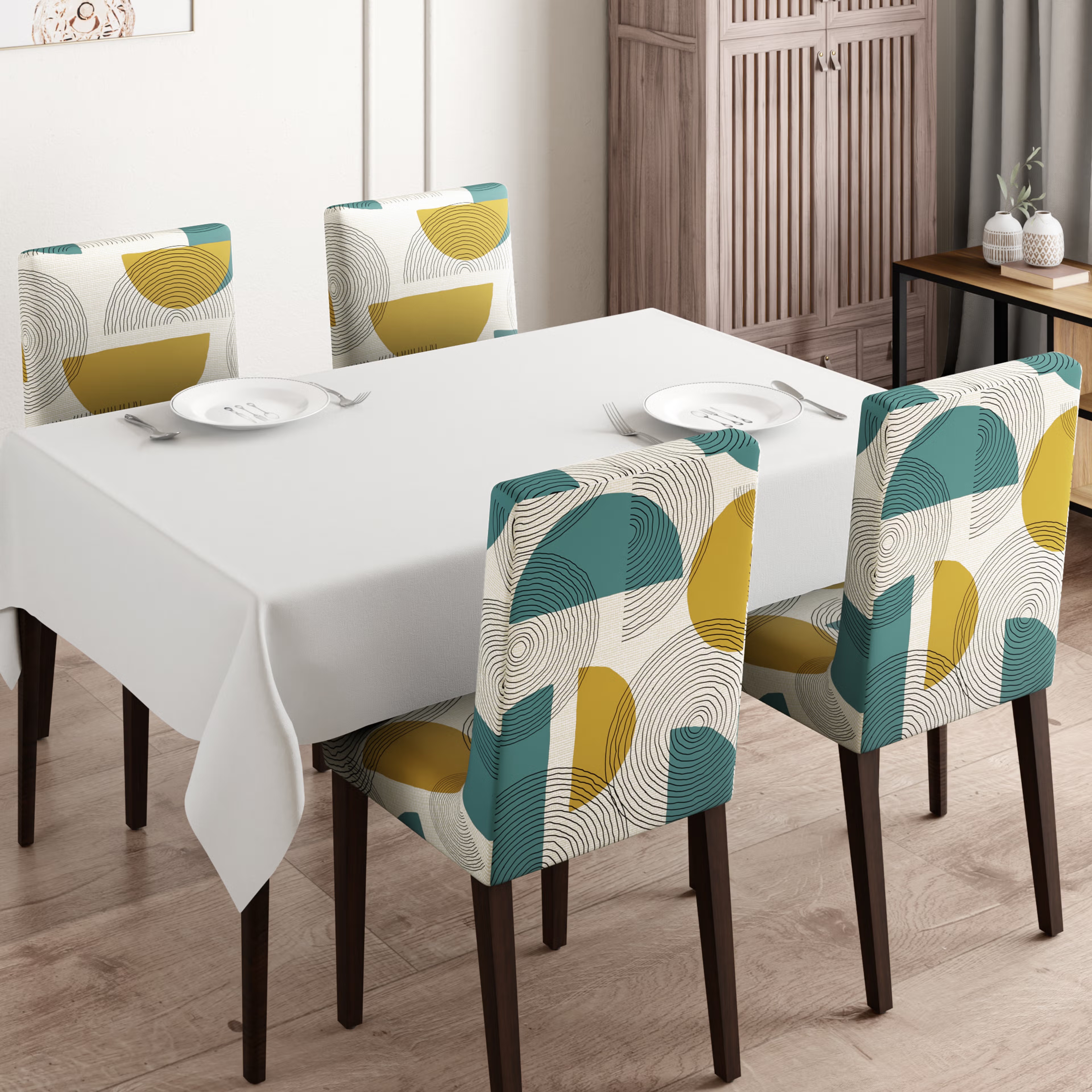 Printed Chair Cover | Elastic Stretchable Dining table Chair Cover 4 seater | Removable & Washable Slip Cover | Chair Seat Protector&nbsp;|&nbsp;Pinaki | Set of 4 Set Of 4, Pinaki
