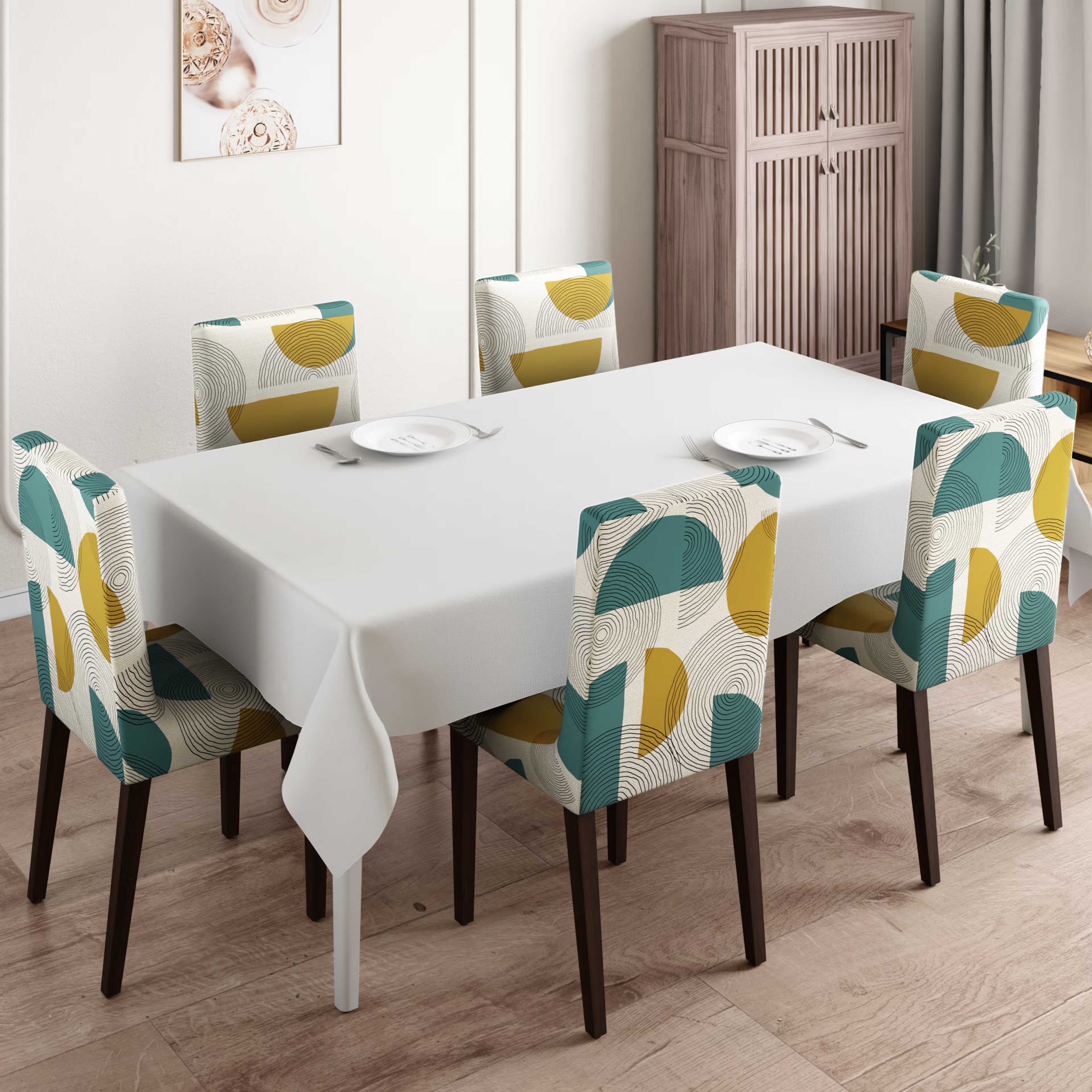 Printed Chair Cover | Elastic Stretchable Dining table Chair Cover 6 seater | Removable & Washable Slip Cover | Chair Seat Protector&nbsp;|&nbsp;Pinaki | Set of 6 Set Of 6, Pinaki