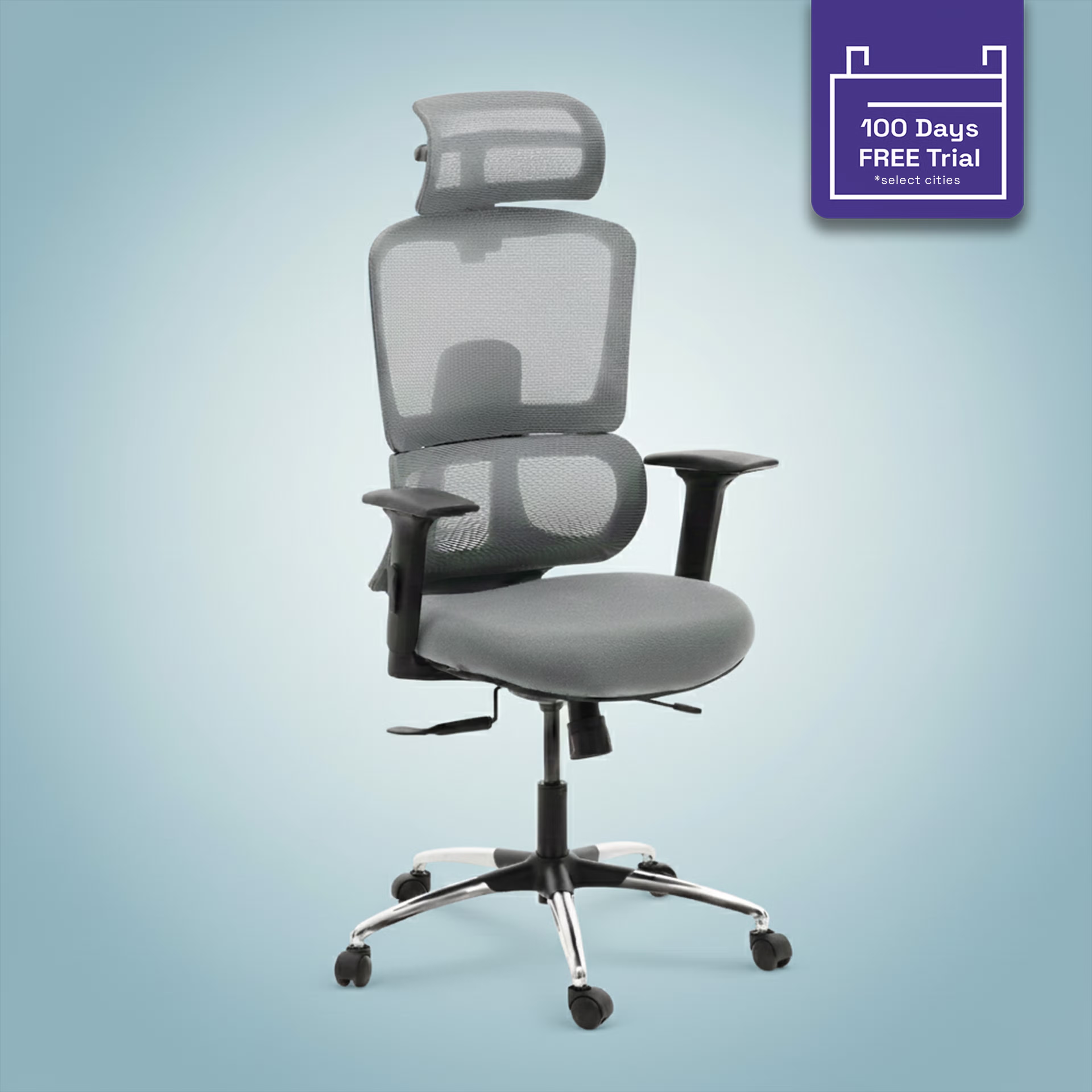 Trivon Double Back Seat Slider Multi Lock class 3D Armrest 4 Gaslift Ergonomic Office Chair Grey High Back, Chrome base, Multi Lock With Seat Slider, Grey