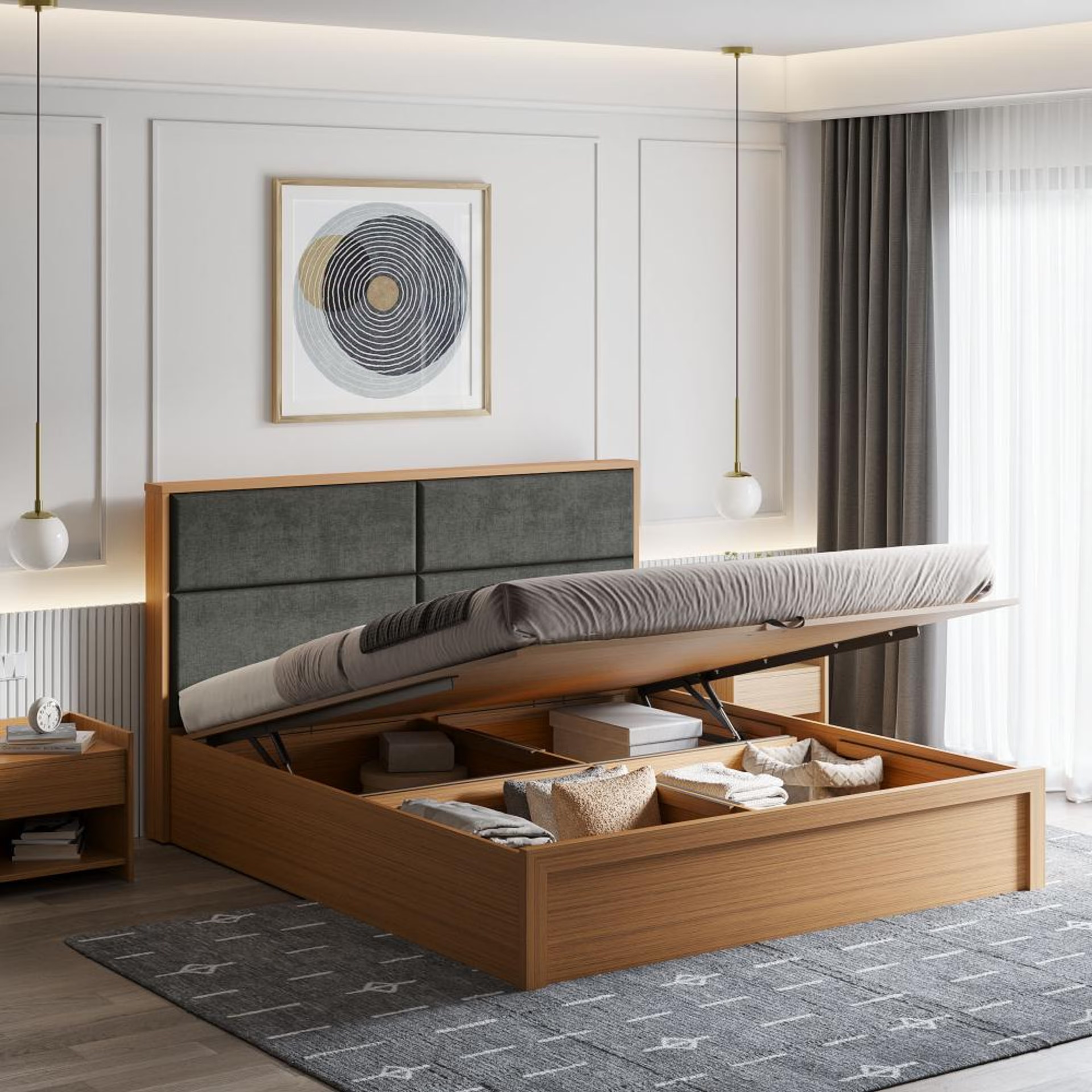 Wakefit Eclipse King Size Bed with Dark Grey Upholstered Headboard- with Hydraulic Storage King - 78" x 72\
