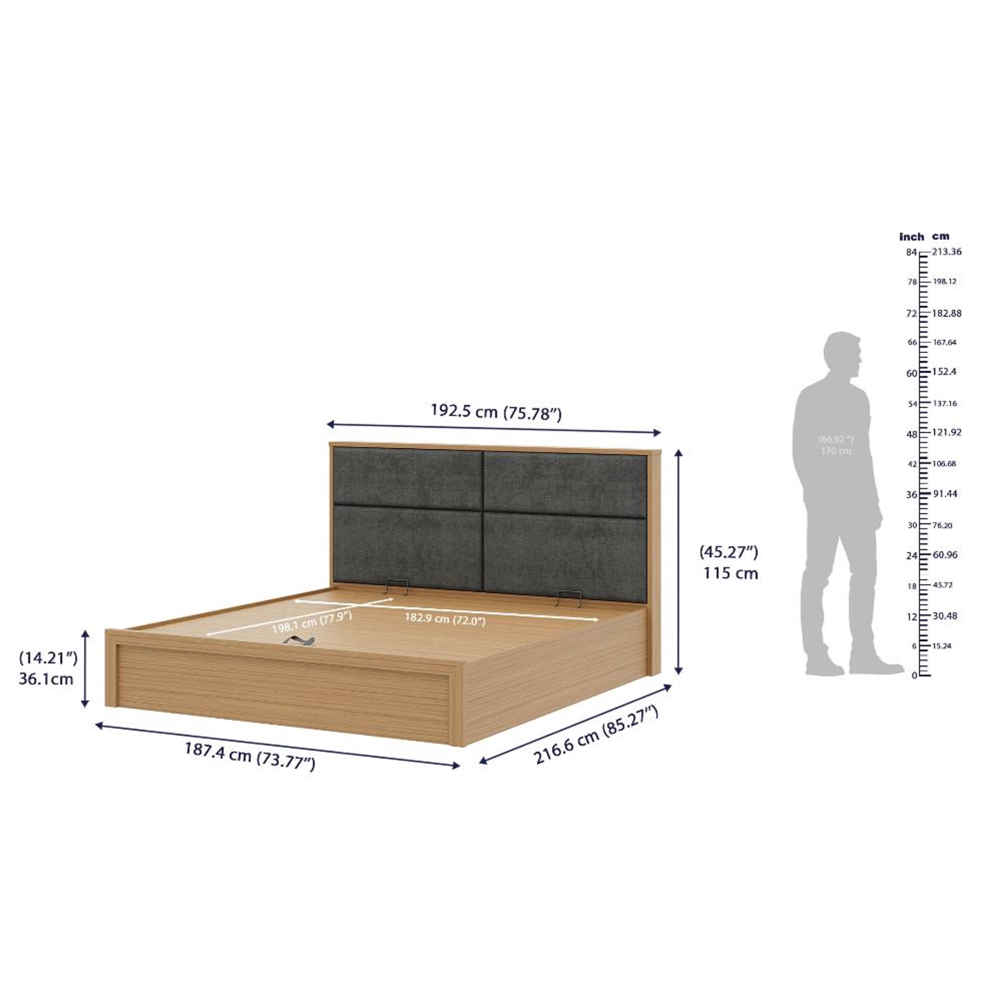 Wakefit Eclipse King Size Bed with Dark Grey Upholstered Headboard- with Hydraulic Storage King - 78" x 72 9 Wakefit Eclipse King Size Bed with Dark Grey Upholstered Headboard- with Hydraulic Storage King - 78" x 72\