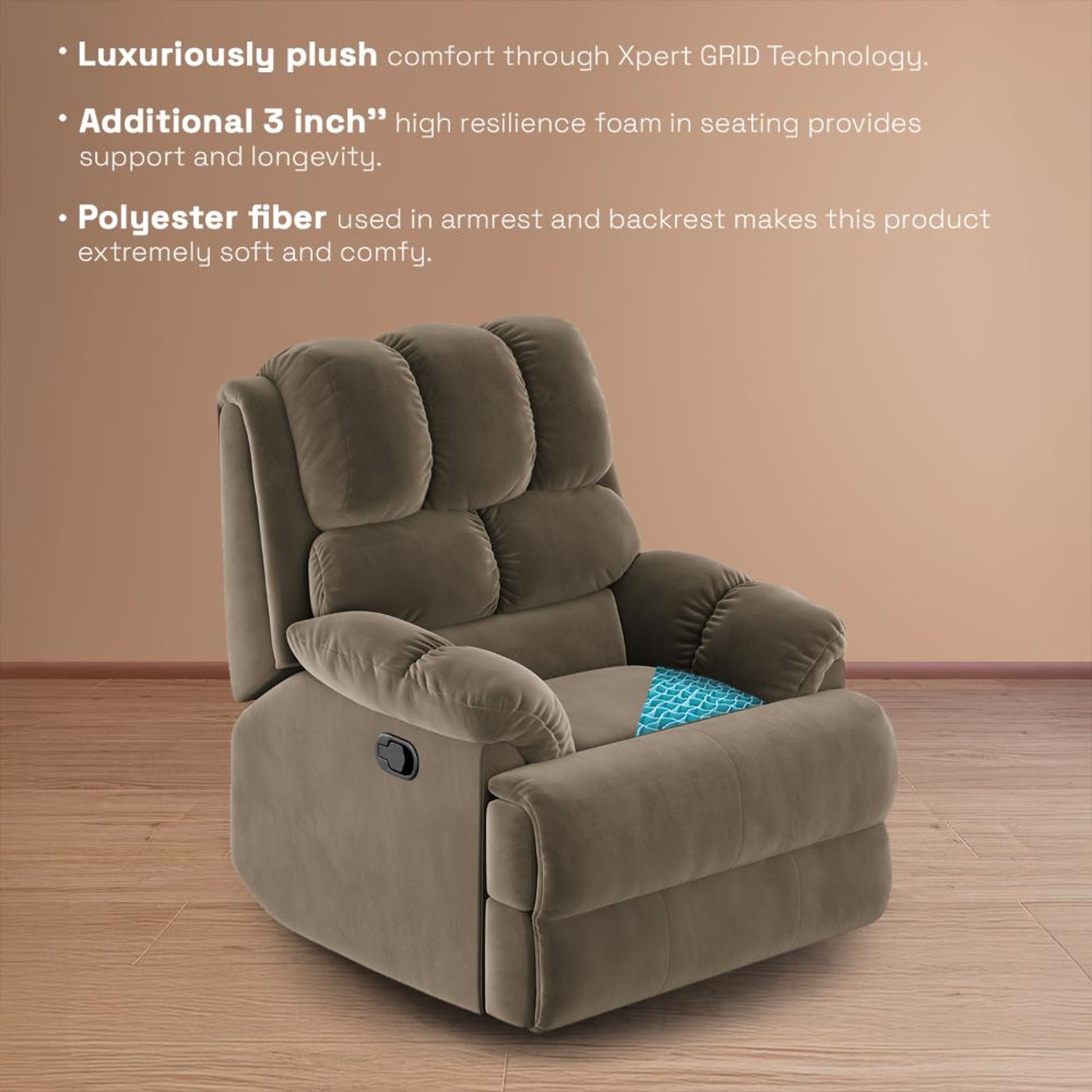 Home 36 Wakefit Virelia Rocking & Revolving Recliner - Single Seater Manual, Regular, Revolving, Stone