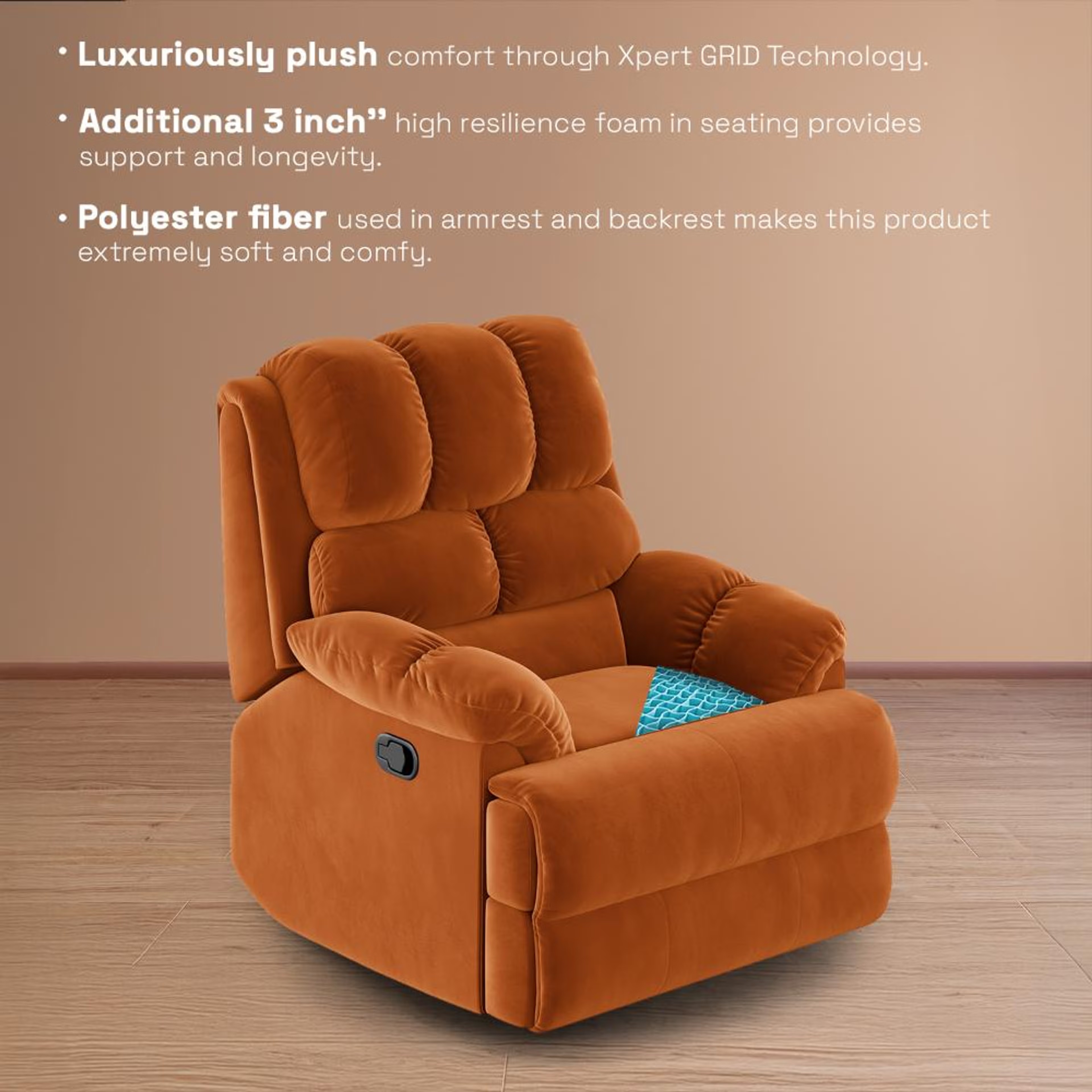 Home 42 Wakefit Virelia Rocking & Revolving Recliner - Single Seater Manual, Regular, Revolving, Amber